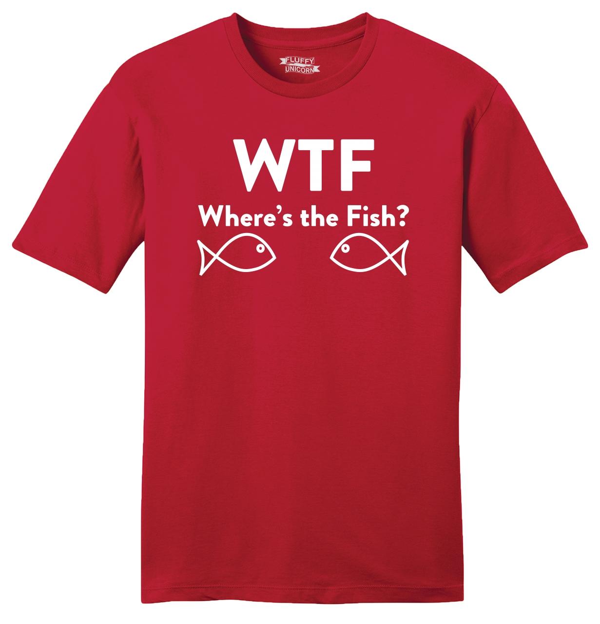 WTF Wheres The Fish White Logo T-Shirt Funny Joke Mens Gag Fishing Tee New Black 