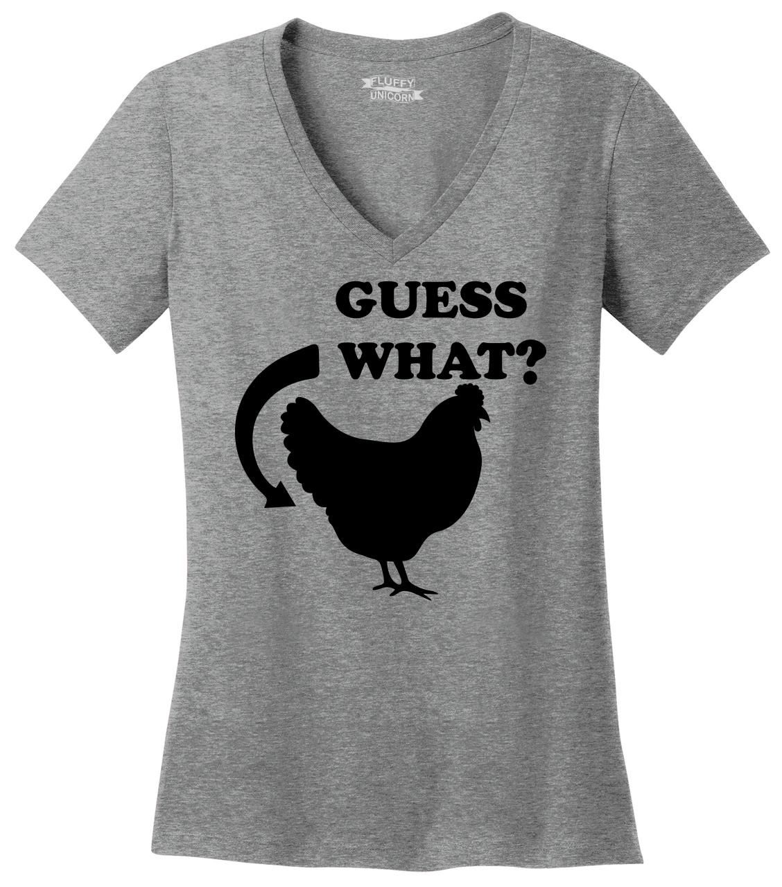 Chicken Butt Graphic Tee Cock Rooster V-Neck Tee Comical Shirt Ladies Guess What