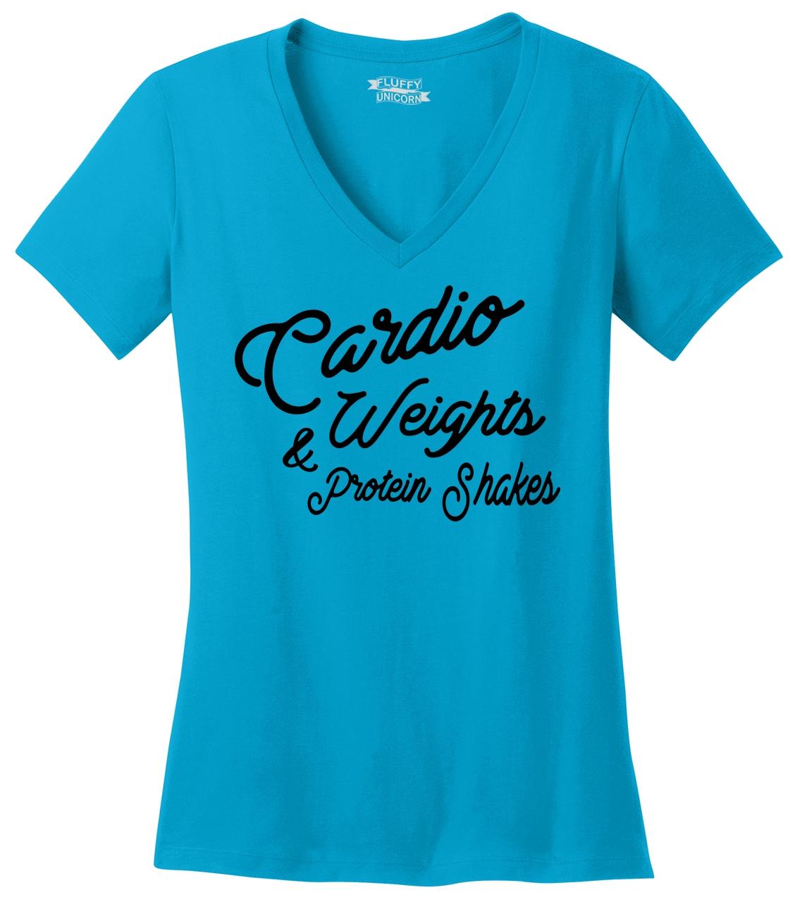 Cardio Weights Protein Shakes Ladies V-Neck T Shirt ...