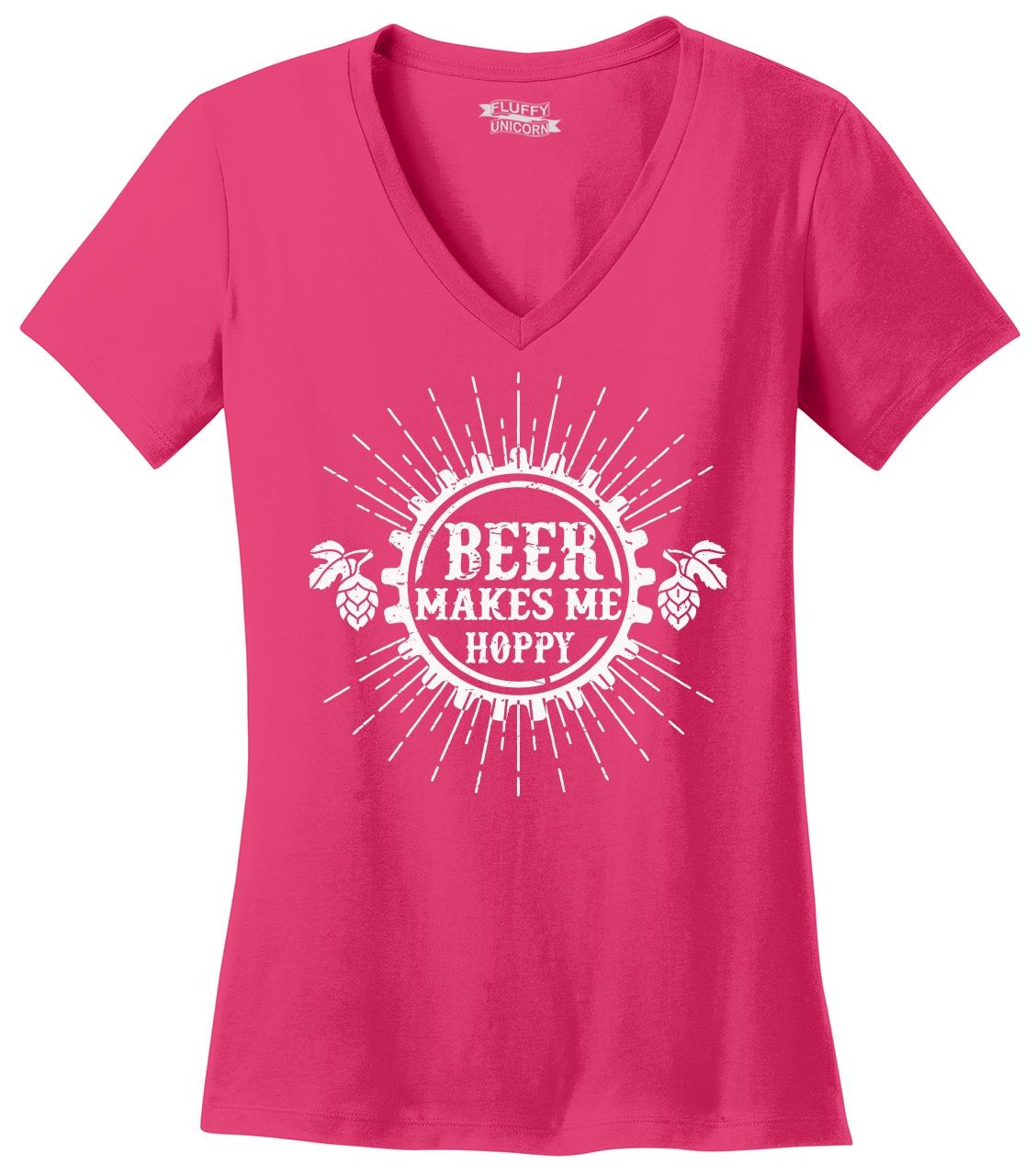 Beer Makes Me Hoppy Funny Ladies V-Neck T Shirt Alcohol Brewery 