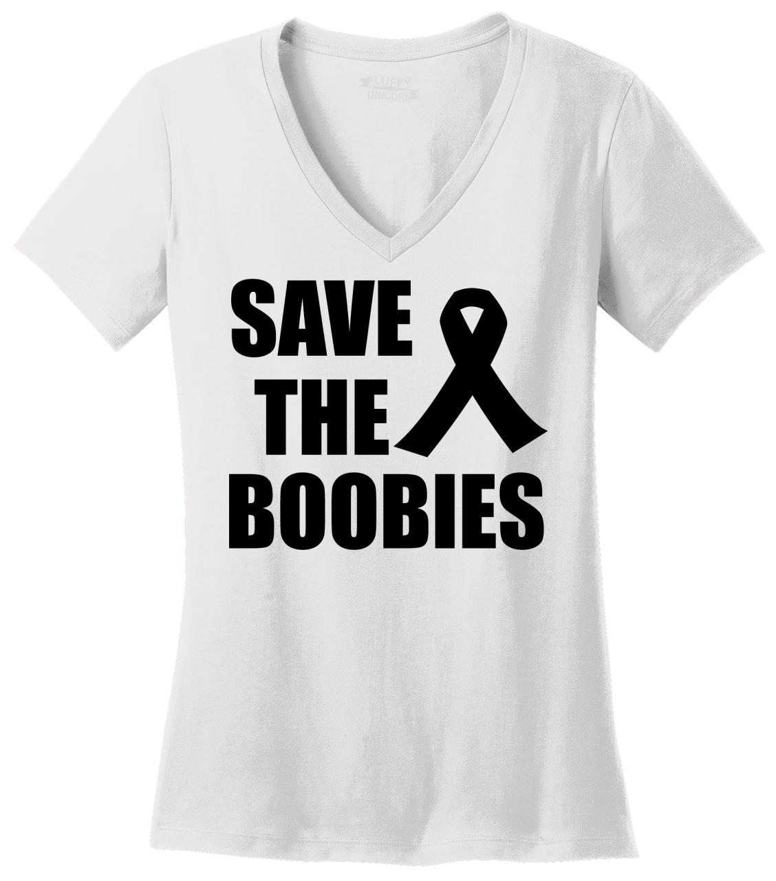 Ladies Breast Cancer Awareness Save The Boobies V-Neck Shirt SAVE-N1540