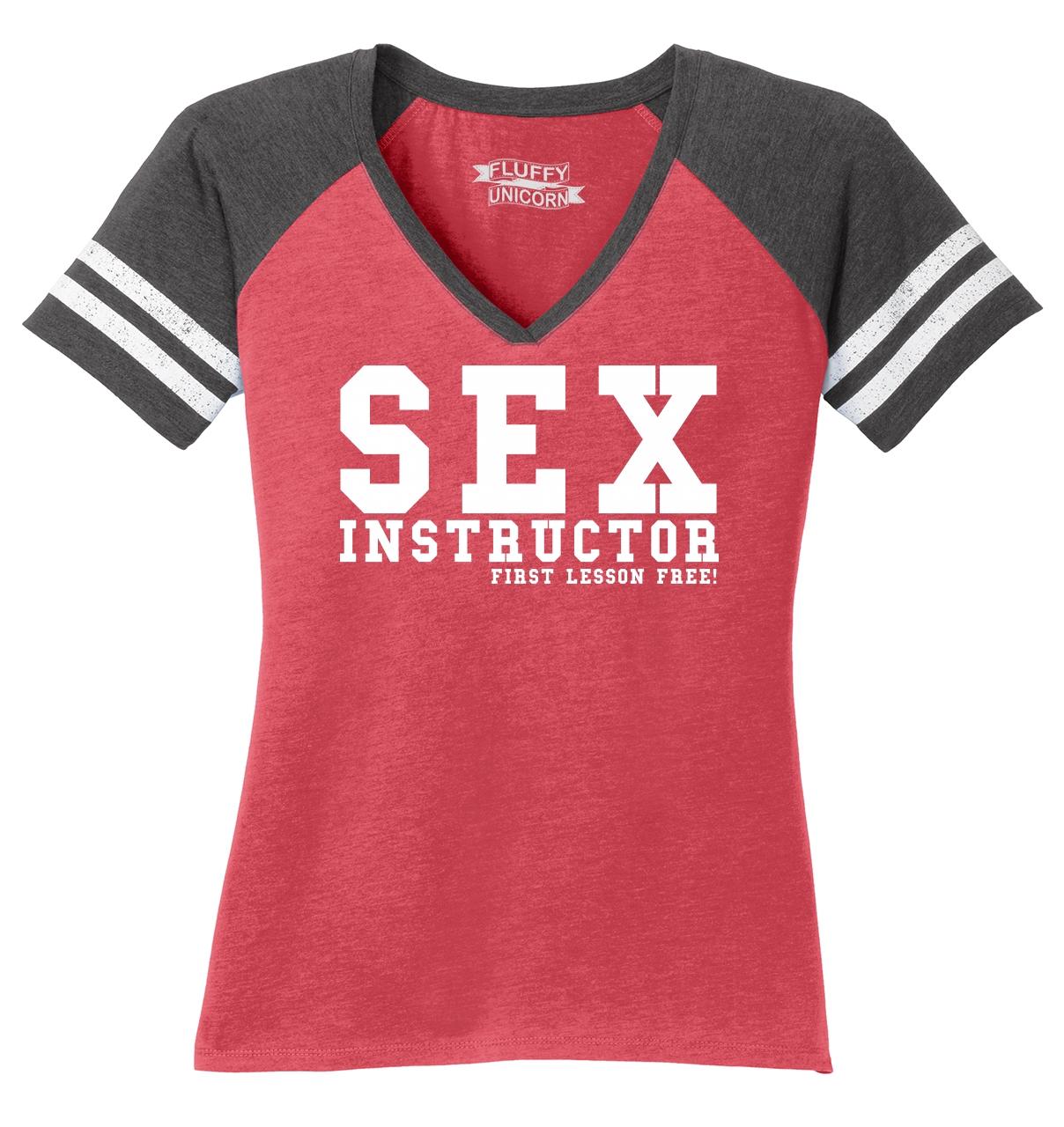 Ladies Sex Instructor First Lesson Free Game V Neck Tee Party College 