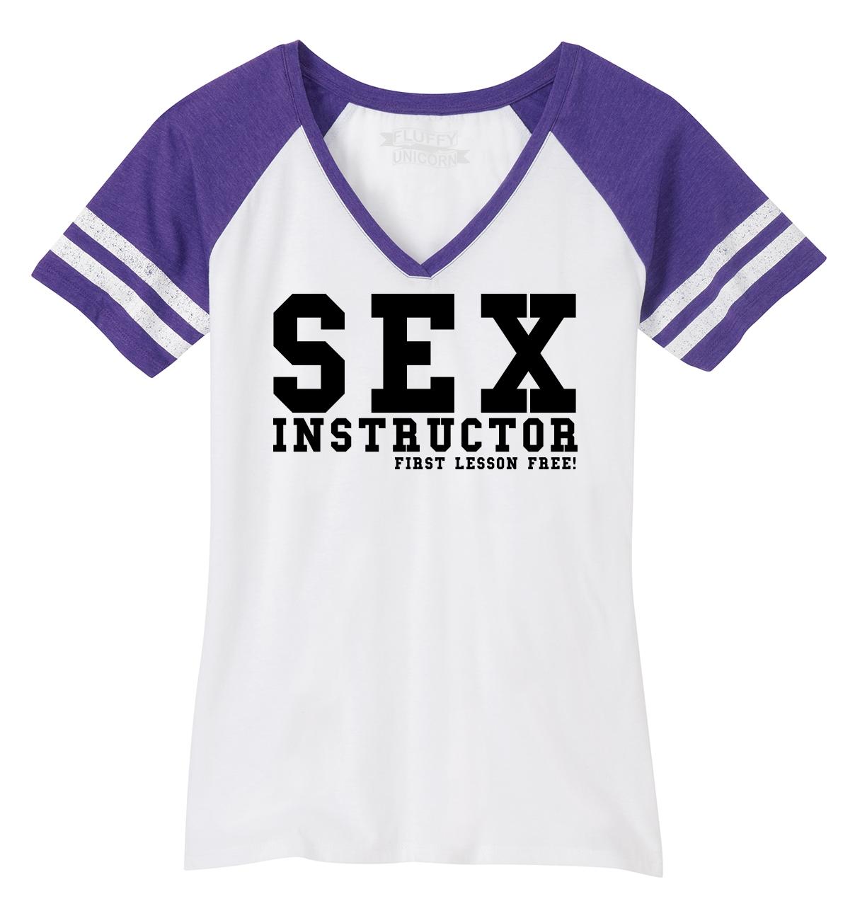 Ladies Sex Instructor First Lesson Free Game V Neck Tee Party College 