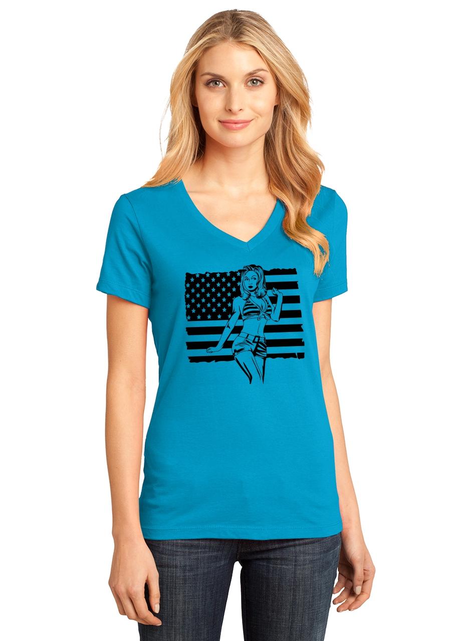 Ladies Pinup Girl American Flag V-neck Tee Usa Patriotic American Pride ...