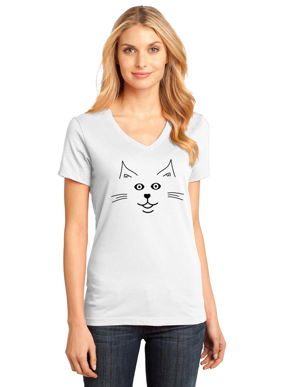 Ladies Cat Face Graphic V-neck Tee Kitten Animal Shirt | eBay
