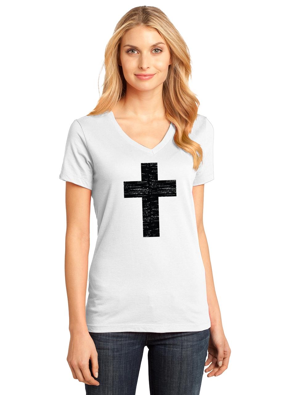 Ladies Distressed Cross V-neck Tee Religious Religion Christian Shirt ...