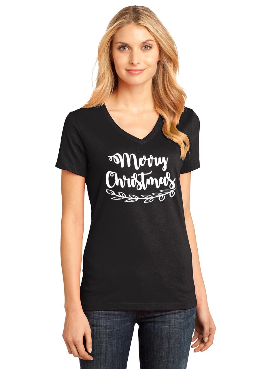 Ladies Merry Christmas V-neck Tee Xmas Holiday Shirt | eBay