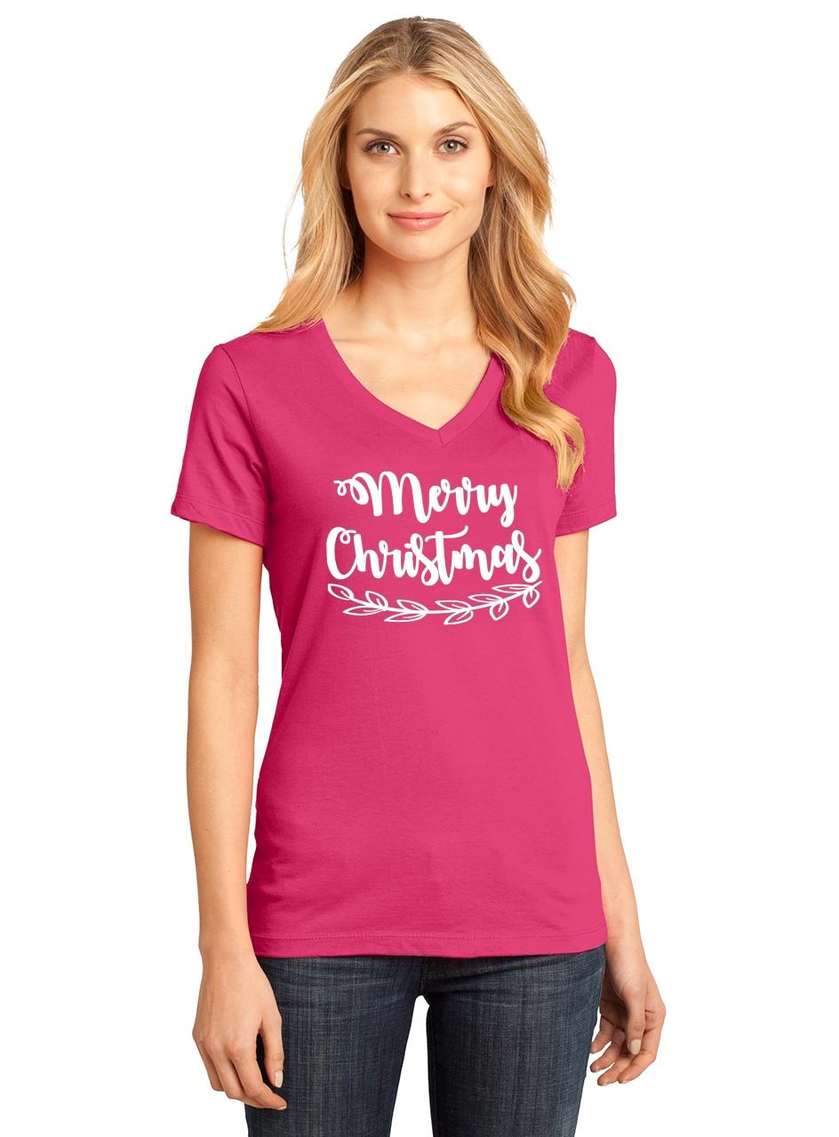 Ladies Merry Christmas V-neck Tee Xmas Holiday Shirt | eBay