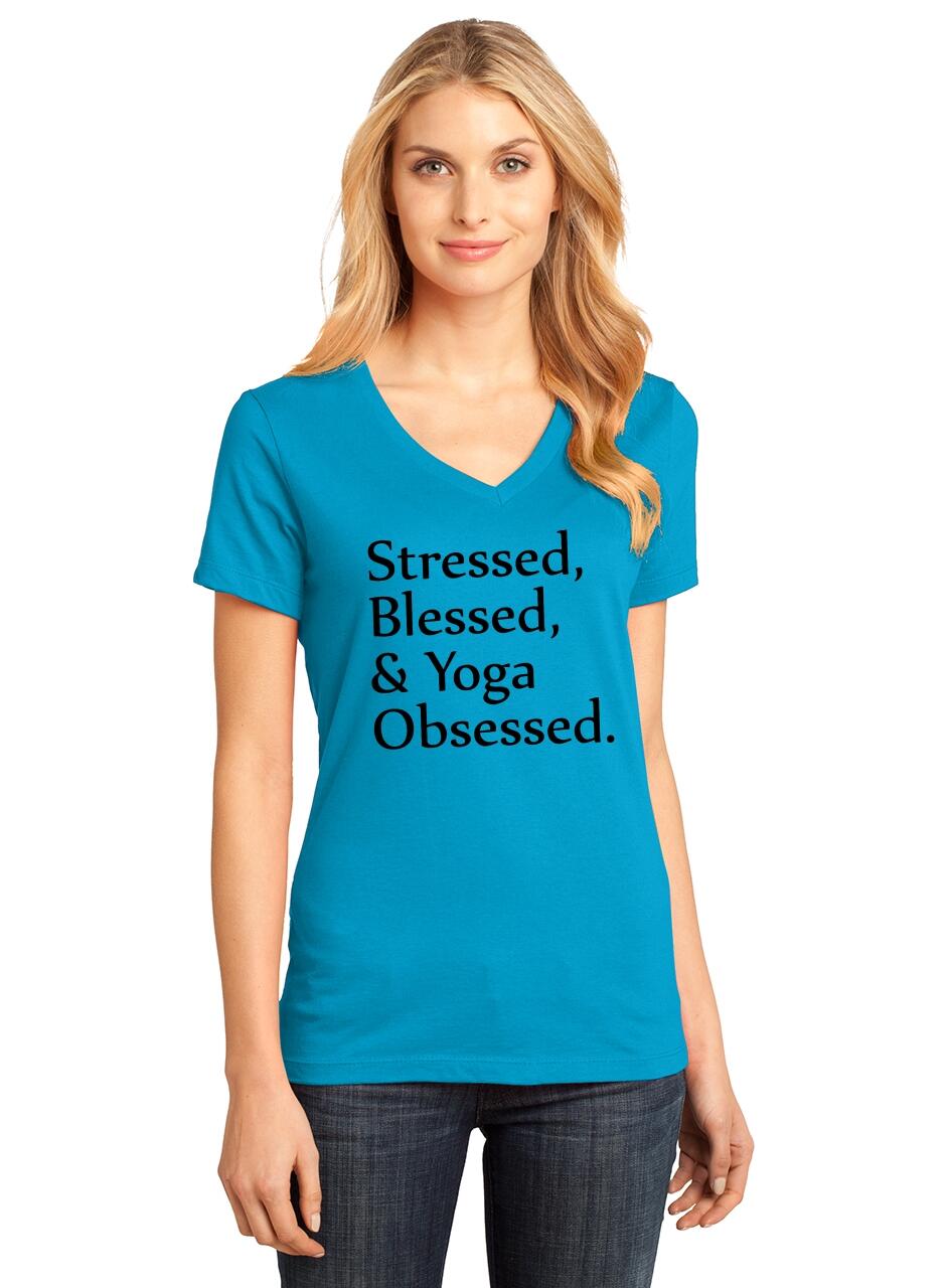 Ladies Stressed Blessed Yoga Obsessed V-neck Tee Workout Gym Fitness | eBay