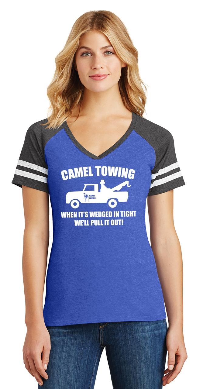 Ladies Camel Towing Rude Humor Funny Shirt Game V Neck Tee