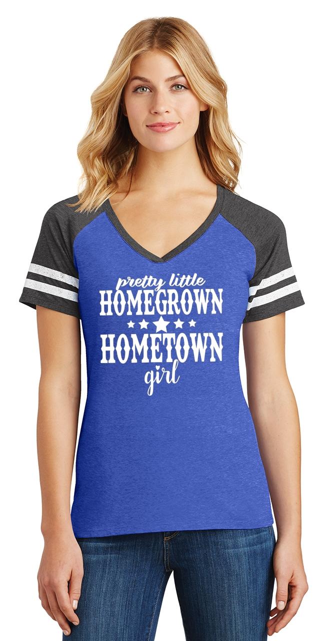 Ladies Pretty Little Homegrown Hometown Girl Game V Neck Tee Country