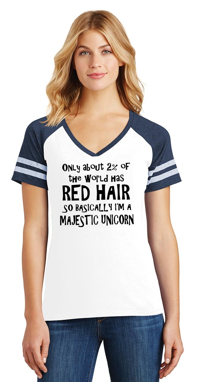 Ladies 2 World Has Red Hair Majestic Unicorn Game V Neck Tee Redhead 