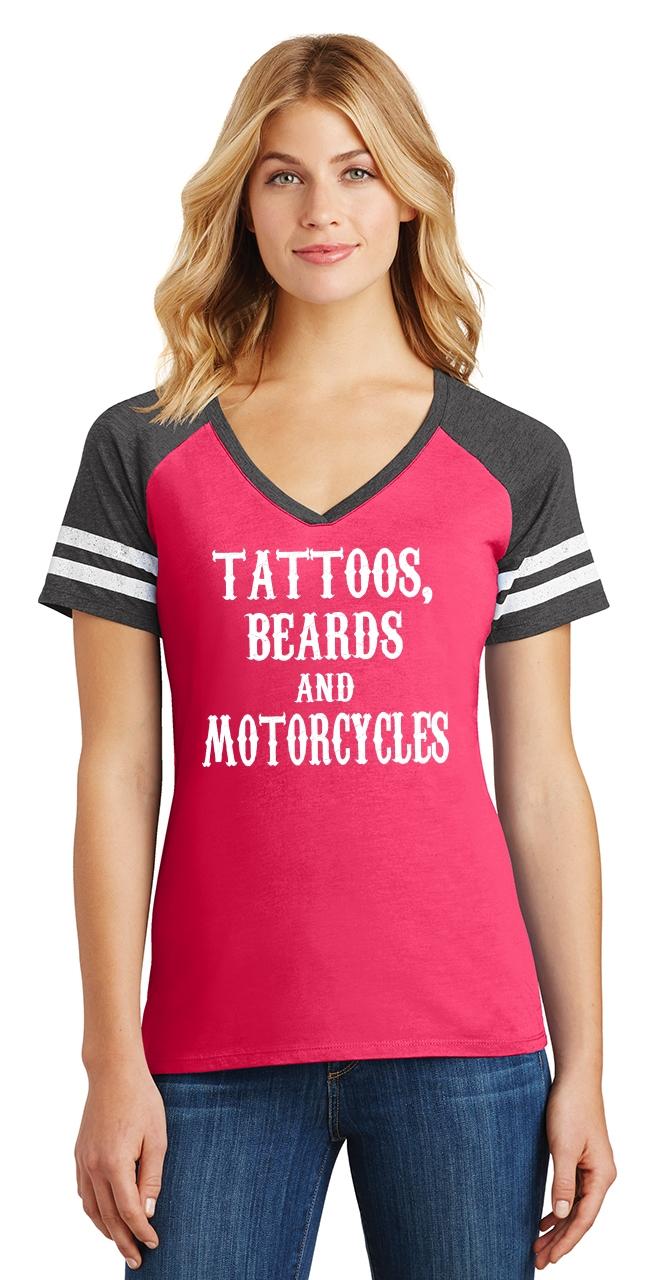 Womens Tattoos Beards and Motorcycles Biker T-Shirt ladies V-Neck top 