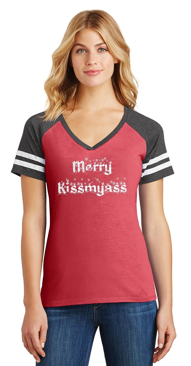 Ladies Merry Kiss My Ass Game V Neck Tee Christmas Xmas Rude Mean Shirt